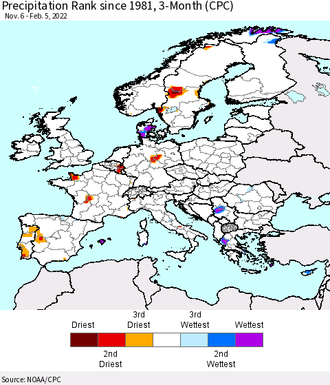 Europe Precipitation Rank 3-Month (CPC) Thematic Map For 11/6/2021 - 2/5/2022