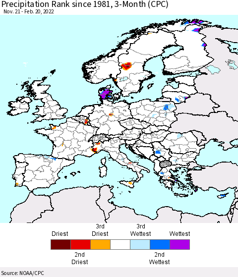 Europe Precipitation Rank 3-Month (CPC) Thematic Map For 11/21/2021 - 2/20/2022