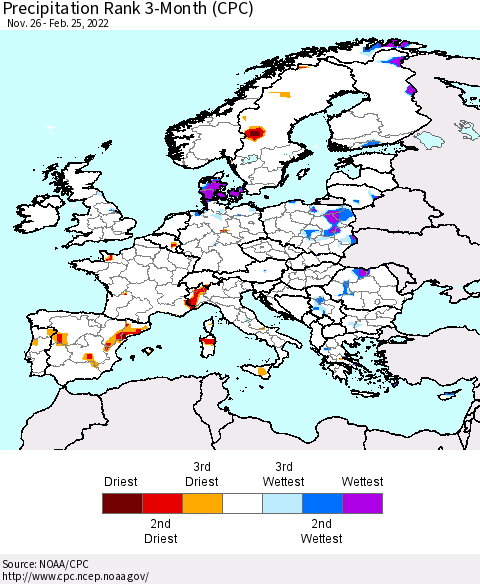 Europe Precipitation Rank 3-Month (CPC) Thematic Map For 11/26/2021 - 2/25/2022