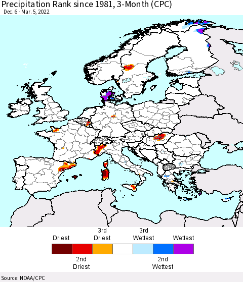 Europe Precipitation Rank 3-Month (CPC) Thematic Map For 12/6/2021 - 3/5/2022