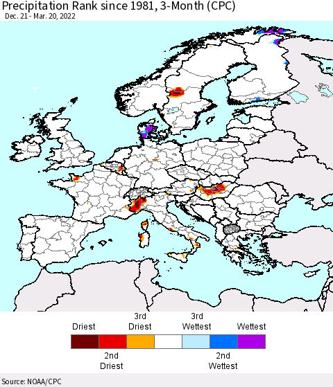 Europe Precipitation Rank since 1981, 3-Month (CPC) Thematic Map For 12/21/2021 - 3/20/2022