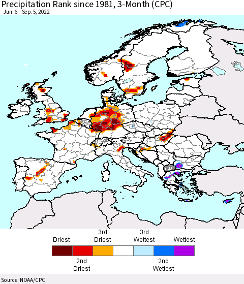 Europe Precipitation Rank since 1981, 3-Month (CPC) Thematic Map For 6/6/2022 - 9/5/2022