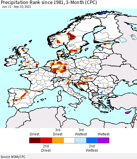 Europe Precipitation Rank since 1981, 3-Month (CPC) Thematic Map For 6/11/2022 - 9/10/2022