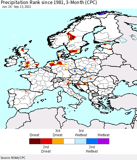 Europe Precipitation Rank since 1981, 3-Month (CPC) Thematic Map For 6/16/2022 - 9/15/2022