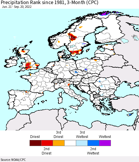 Europe Precipitation Rank since 1981, 3-Month (CPC) Thematic Map For 6/21/2022 - 9/20/2022
