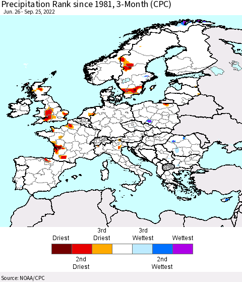 Europe Precipitation Rank since 1981, 3-Month (CPC) Thematic Map For 6/26/2022 - 9/25/2022