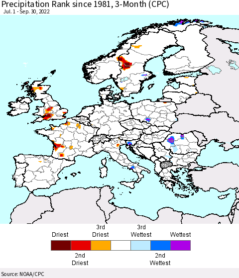 Europe Precipitation Rank since 1981, 3-Month (CPC) Thematic Map For 7/1/2022 - 9/30/2022