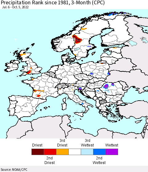 Europe Precipitation Rank since 1981, 3-Month (CPC) Thematic Map For 7/6/2022 - 10/5/2022