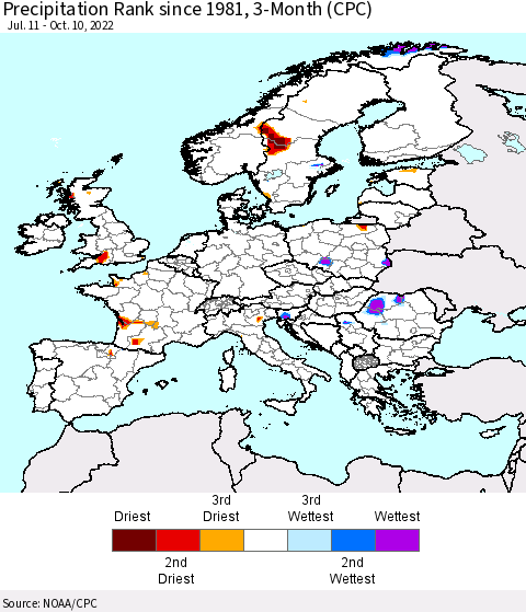 Europe Precipitation Rank since 1981, 3-Month (CPC) Thematic Map For 7/11/2022 - 10/10/2022