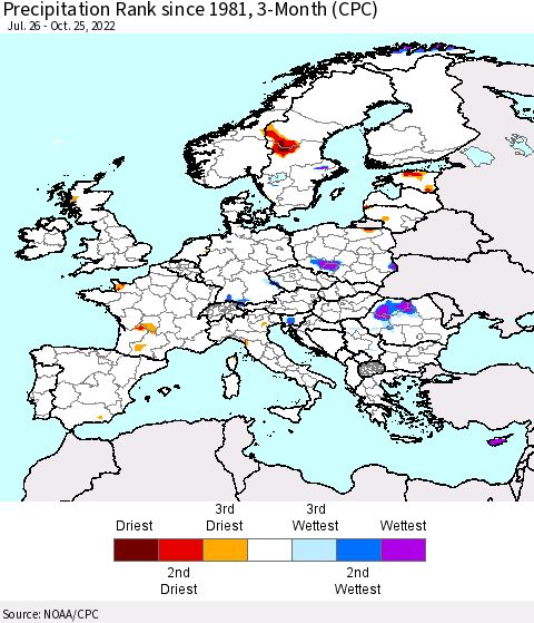 Europe Precipitation Rank since 1981, 3-Month (CPC) Thematic Map For 7/26/2022 - 10/25/2022