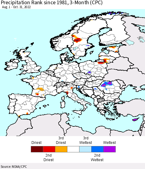 Europe Precipitation Rank since 1981, 3-Month (CPC) Thematic Map For 8/1/2022 - 10/31/2022
