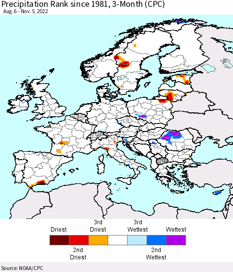 Europe Precipitation Rank since 1981, 3-Month (CPC) Thematic Map For 8/6/2022 - 11/5/2022