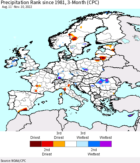 Europe Precipitation Rank since 1981, 3-Month (CPC) Thematic Map For 8/11/2022 - 11/10/2022