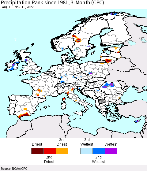 Europe Precipitation Rank since 1981, 3-Month (CPC) Thematic Map For 8/16/2022 - 11/15/2022