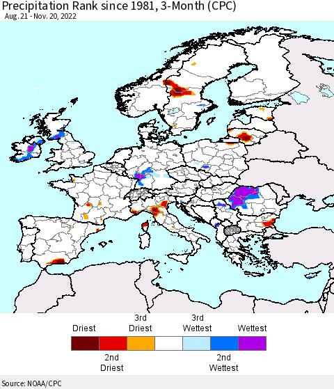 Europe Precipitation Rank since 1981, 3-Month (CPC) Thematic Map For 8/21/2022 - 11/20/2022
