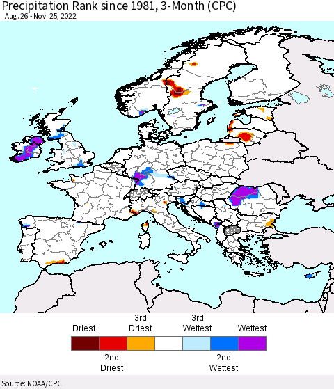Europe Precipitation Rank since 1981, 3-Month (CPC) Thematic Map For 8/26/2022 - 11/25/2022