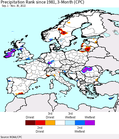 Europe Precipitation Rank since 1981, 3-Month (CPC) Thematic Map For 9/1/2022 - 11/30/2022