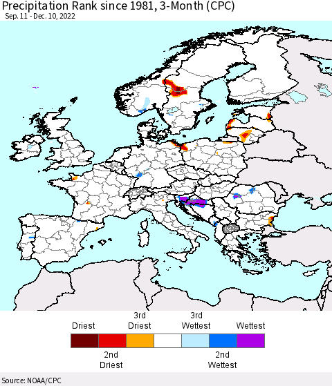 Europe Precipitation Rank since 1981, 3-Month (CPC) Thematic Map For 9/11/2022 - 12/10/2022