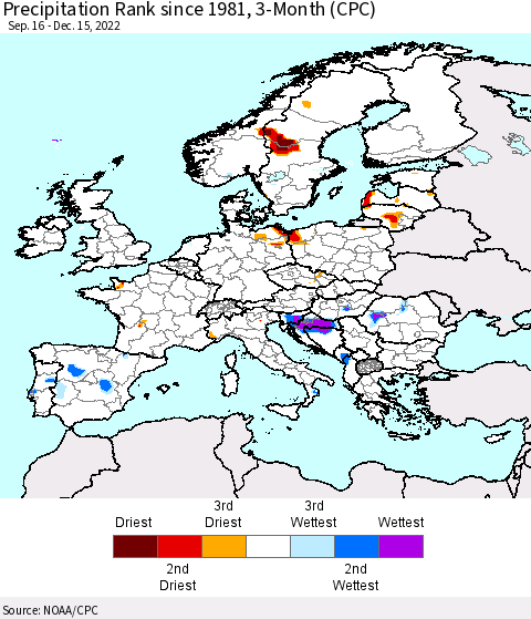 Europe Precipitation Rank since 1981, 3-Month (CPC) Thematic Map For 9/16/2022 - 12/15/2022