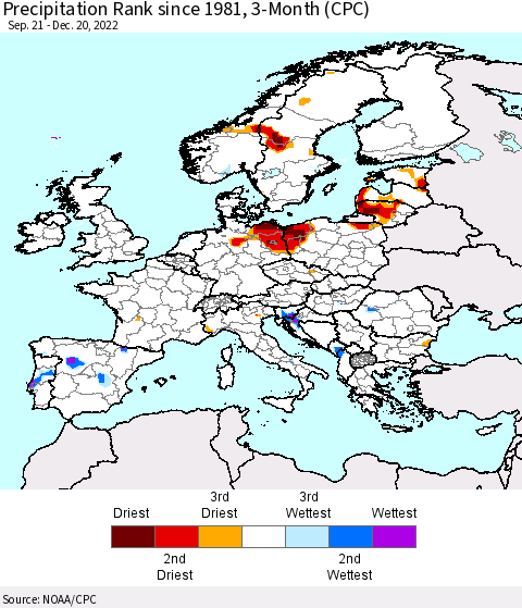 Europe Precipitation Rank since 1981, 3-Month (CPC) Thematic Map For 9/21/2022 - 12/20/2022