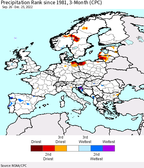 Europe Precipitation Rank since 1981, 3-Month (CPC) Thematic Map For 9/26/2022 - 12/25/2022
