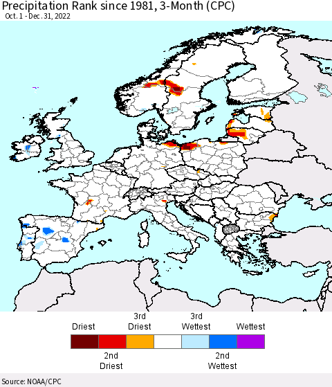 Europe Precipitation Rank since 1981, 3-Month (CPC) Thematic Map For 10/1/2022 - 12/31/2022