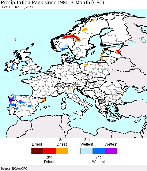 Europe Precipitation Rank since 1981, 3-Month (CPC) Thematic Map For 10/11/2022 - 1/10/2023