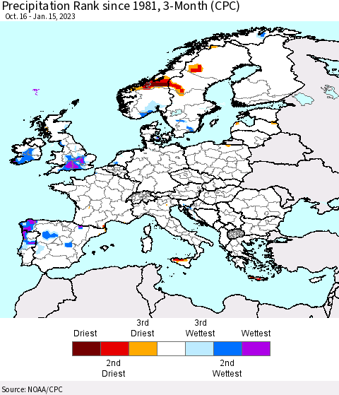 Europe Precipitation Rank since 1981, 3-Month (CPC) Thematic Map For 10/16/2022 - 1/15/2023