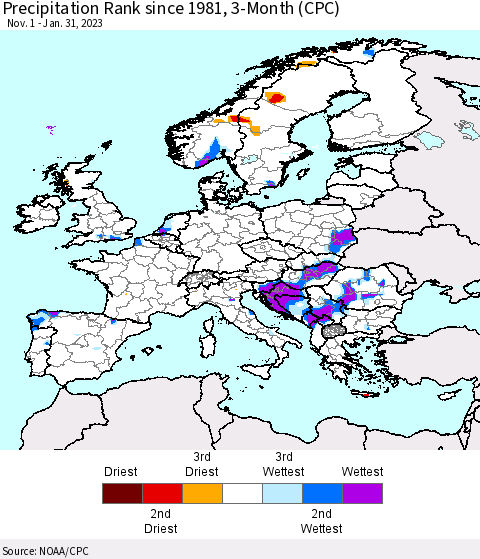 Europe Precipitation Rank since 1981, 3-Month (CPC) Thematic Map For 11/1/2022 - 1/31/2023