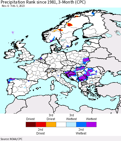 Europe Precipitation Rank since 1981, 3-Month (CPC) Thematic Map For 11/6/2022 - 2/5/2023