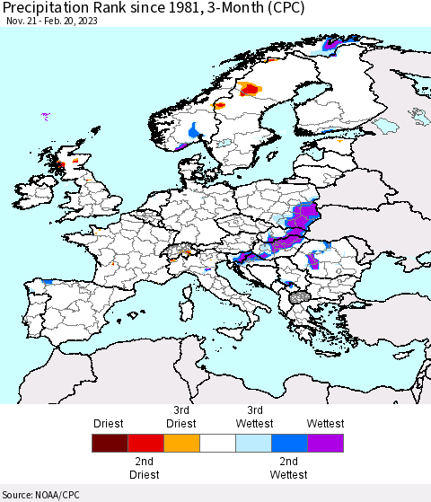 Europe Precipitation Rank since 1981, 3-Month (CPC) Thematic Map For 11/21/2022 - 2/20/2023