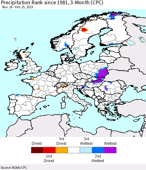 Europe Precipitation Rank since 1981, 3-Month (CPC) Thematic Map For 11/26/2022 - 2/25/2023