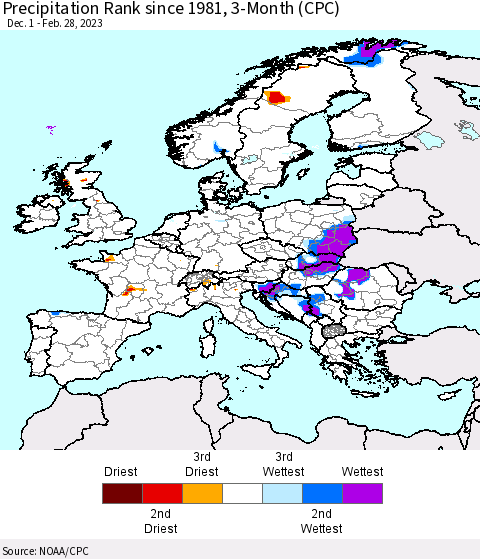 Europe Precipitation Rank since 1981, 3-Month (CPC) Thematic Map For 12/1/2022 - 2/28/2023