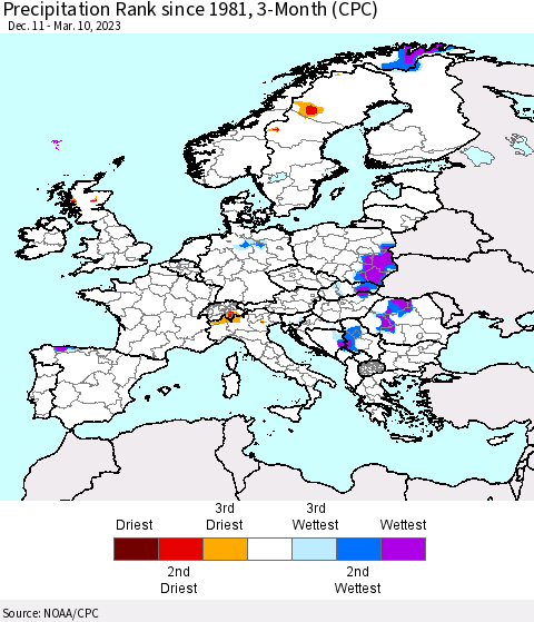 Europe Precipitation Rank since 1981, 3-Month (CPC) Thematic Map For 12/11/2022 - 3/10/2023
