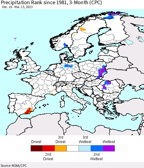 Europe Precipitation Rank since 1981, 3-Month (CPC) Thematic Map For 12/16/2022 - 3/15/2023