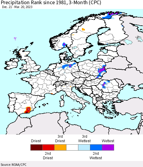Europe Precipitation Rank since 1981, 3-Month (CPC) Thematic Map For 12/21/2022 - 3/20/2023