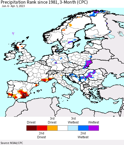 Europe Precipitation Rank since 1981, 3-Month (CPC) Thematic Map For 1/6/2023 - 4/5/2023