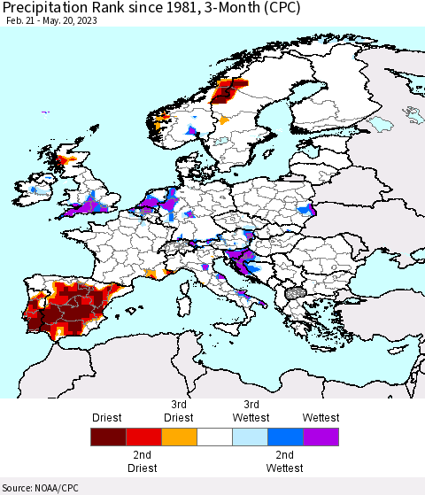 Europe Precipitation Rank since 1981, 3-Month (CPC) Thematic Map For 2/21/2023 - 5/20/2023