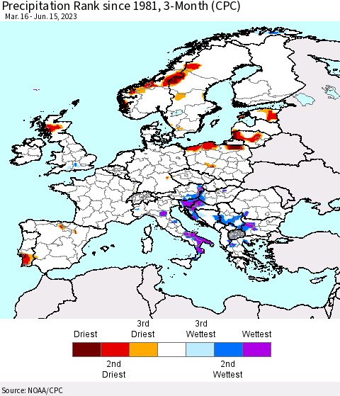 Europe Precipitation Rank since 1981, 3-Month (CPC) Thematic Map For 3/16/2023 - 6/15/2023