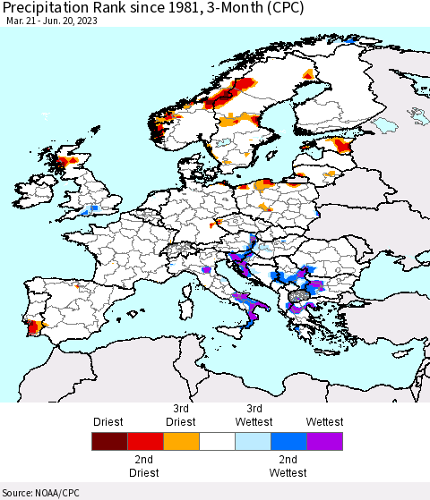 Europe Precipitation Rank since 1981, 3-Month (CPC) Thematic Map For 3/21/2023 - 6/20/2023