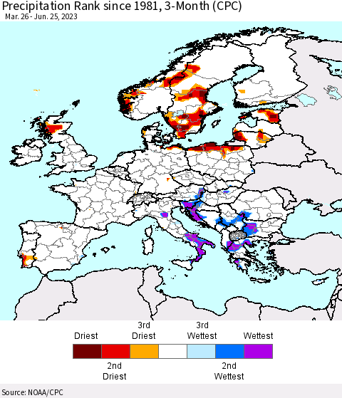 Europe Precipitation Rank since 1981, 3-Month (CPC) Thematic Map For 3/26/2023 - 6/25/2023