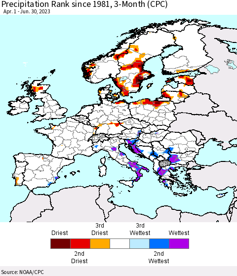 Europe Precipitation Rank since 1981, 3-Month (CPC) Thematic Map For 4/1/2023 - 6/30/2023