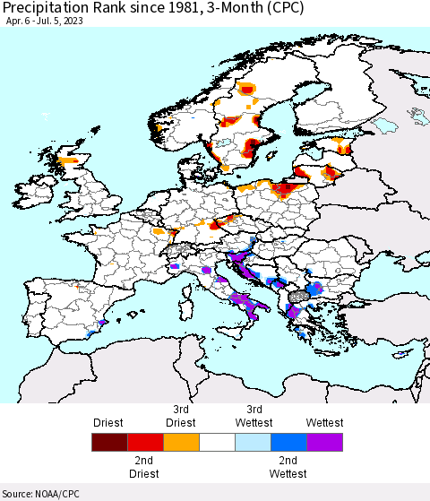 Europe Precipitation Rank since 1981, 3-Month (CPC) Thematic Map For 4/6/2023 - 7/5/2023