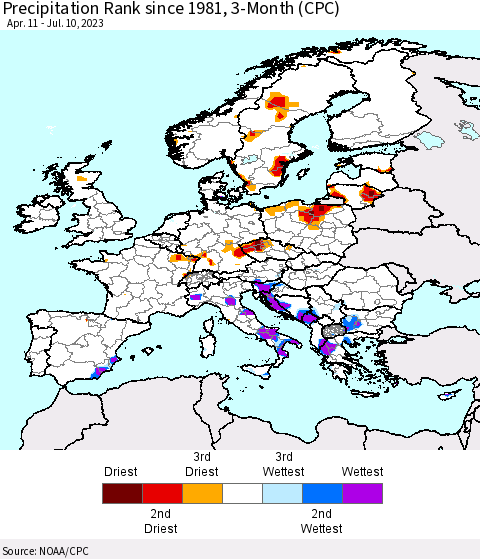 Europe Precipitation Rank since 1981, 3-Month (CPC) Thematic Map For 4/11/2023 - 7/10/2023