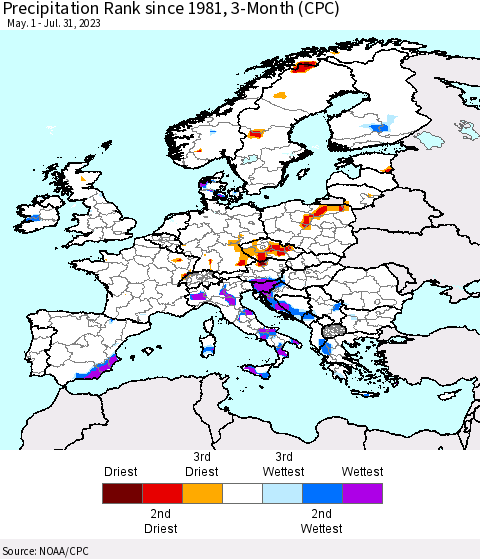 Europe Precipitation Rank since 1981, 3-Month (CPC) Thematic Map For 5/1/2023 - 7/31/2023