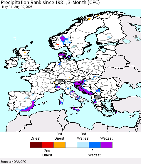 Europe Precipitation Rank since 1981, 3-Month (CPC) Thematic Map For 5/11/2023 - 8/10/2023