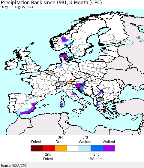 Europe Precipitation Rank since 1981, 3-Month (CPC) Thematic Map For 5/16/2023 - 8/15/2023