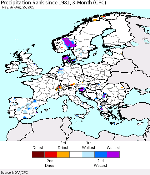 Europe Precipitation Rank since 1981, 3-Month (CPC) Thematic Map For 5/26/2023 - 8/25/2023