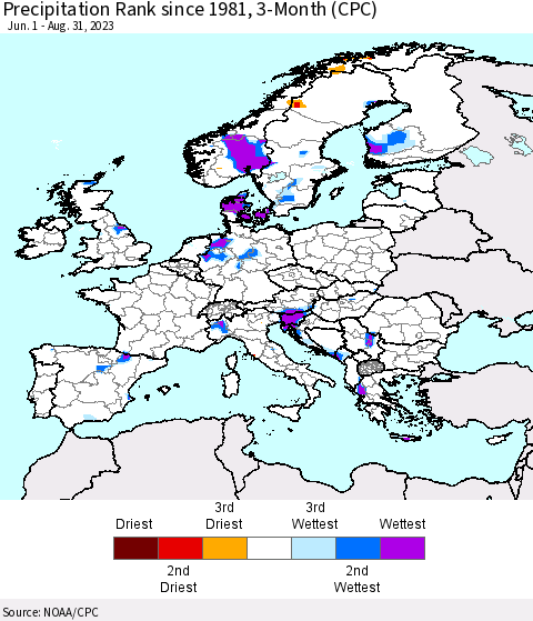 Europe Precipitation Rank since 1981, 3-Month (CPC) Thematic Map For 6/1/2023 - 8/31/2023