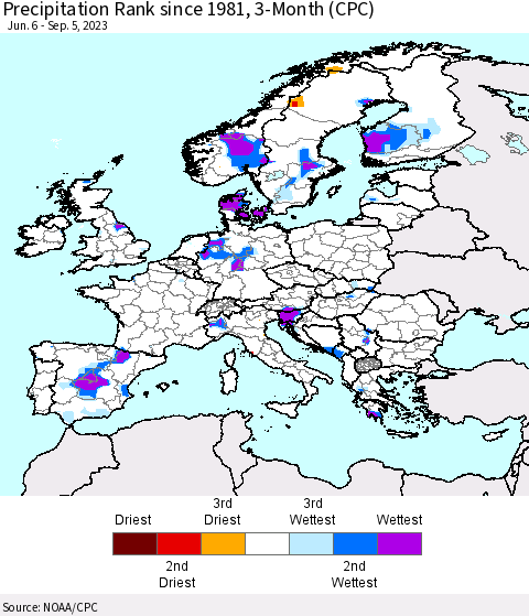 Europe Precipitation Rank since 1981, 3-Month (CPC) Thematic Map For 6/6/2023 - 9/5/2023